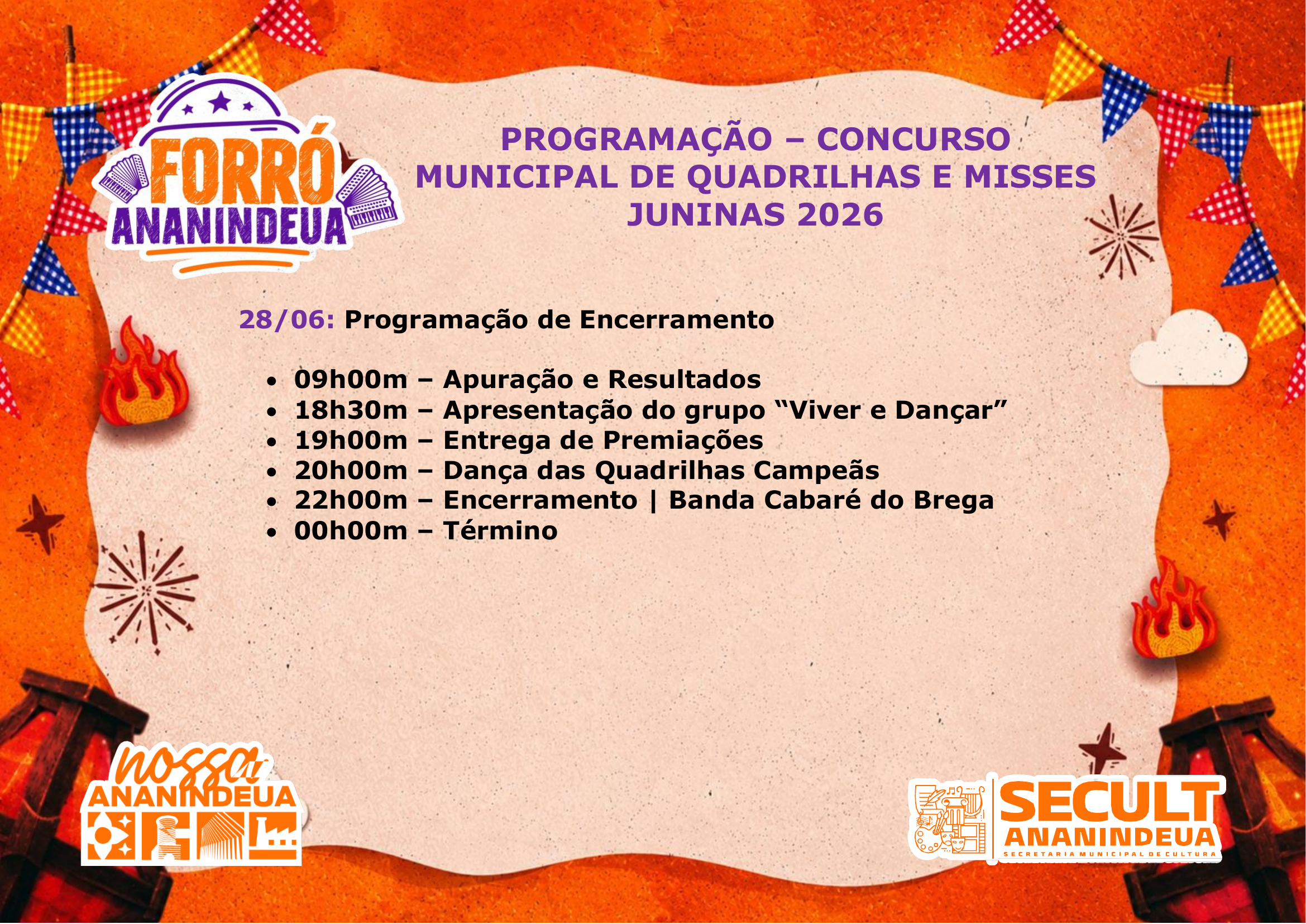 Encerramento do Concurso Municipal de Quadrilhas terá premiação e show da Banda Cabaré do Brega